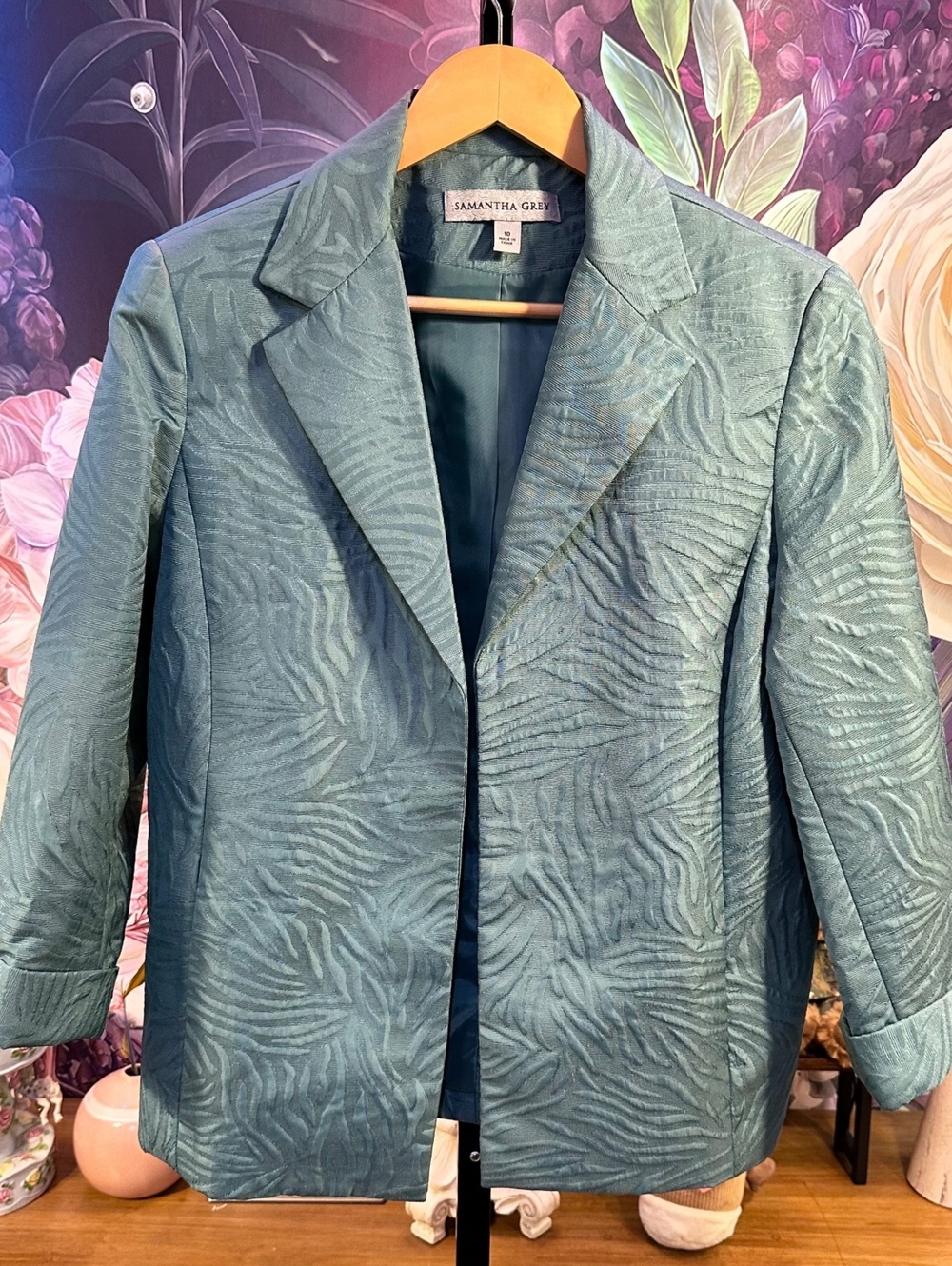Samantha Grey 10 Jacket Textured Jacquard Cotton Blend Rolled Sleeve Teal